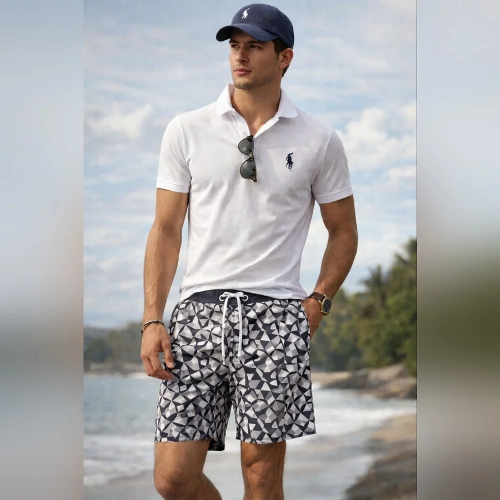 American Eagle Board Shorts Large Black White Geo Print Swim Trunks Drawstring
